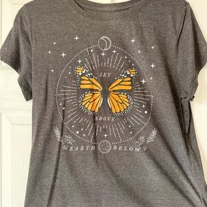 Gray Graphic Tee with Orange Butterfly